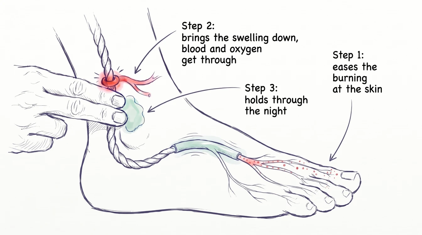 Ink drawing of a hand rubbing balm behind the inside ankle bone, the nerve running to the toes: Step 1 eases the burning at the skin, Step 2 brings the swelling down so blood and oxygen get through, Step 3 holds through the night