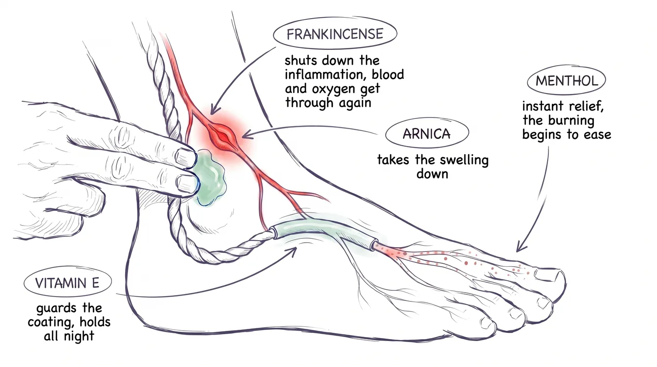 Ink drawing of a hand rubbing balm behind the inside ankle bone: a hair-thin blood vessel beside the nerve is swollen at one spot. Frankincense shuts down the inflammation so blood and oxygen get through again, arnica takes the swelling down, menthol eases the burning at the toes, vitamin E guards the nerve's coating all night