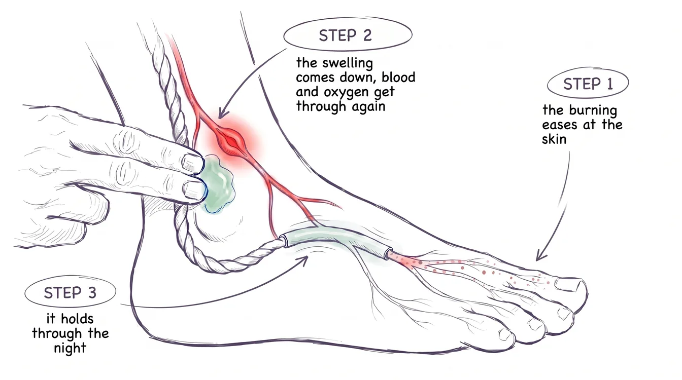 Ink drawing of a hand rubbing balm behind the inside ankle bone, where a hair-thin blood vessel beside the nerve is swollen at one spot. Step 1: the burning eases at the skin. Step 2: the swelling comes down, blood and oxygen get through again. Step 3: it holds through the night