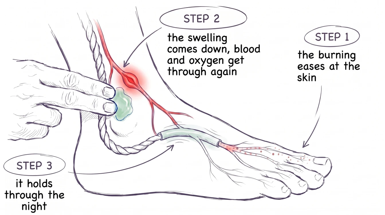 Ink drawing of a hand rubbing balm behind the inside ankle bone, where a hair-thin blood vessel beside the nerve is swollen at one spot. Step 1: the burning eases at the skin. Step 2: the swelling comes down, blood and oxygen get through again. Step 3: it holds through the night