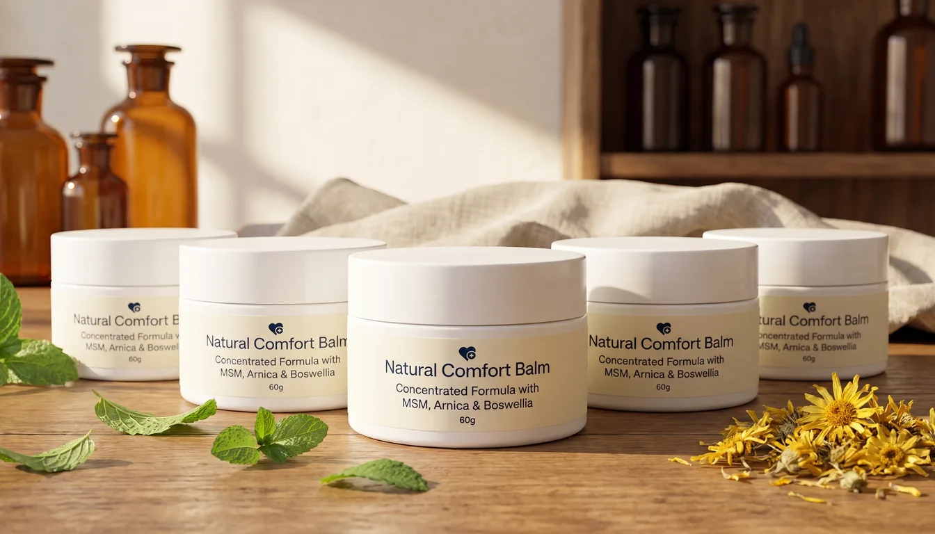 Five jars of Nurovita Natural Comfort Balm on a wooden table with mint leaves and dried arnica flowers