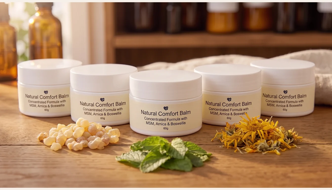Five jars of Nurovita Natural Comfort Balm on a wooden table with frankincense resin, mint leaves and dried arnica flowers