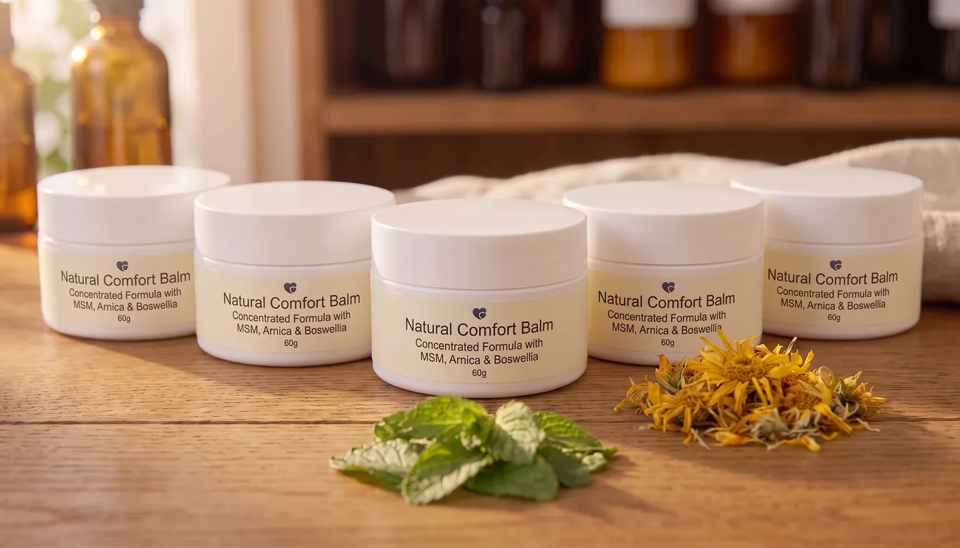Five jars of Nurovita Natural Comfort Balm on a wooden table with mint leaves and dried arnica flowers