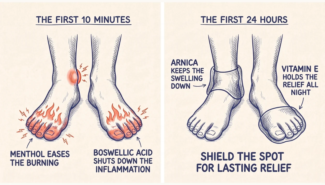 Drawing: the first 10 minutes, menthol eases the burning and boswellic acid shuts down the inflammation; the first 24 hours, arnica keeps the swelling down and vitamin E holds the relief all night