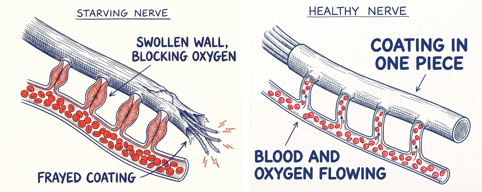 The starving nerve and the healthy nerve side by side: swollen wall blocking oxygen and frayed coating, against coating in one piece and blood and oxygen flowing